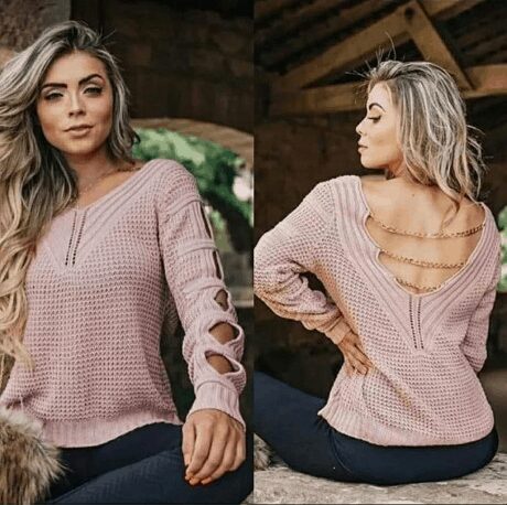 blusa tricot corrente nas costas rose