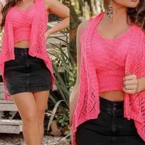 conjunto colete cropped pink verao tricot atacado