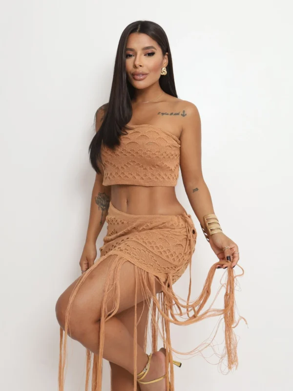 Saída de Praia Conjunto Saia Franja Top Tricot