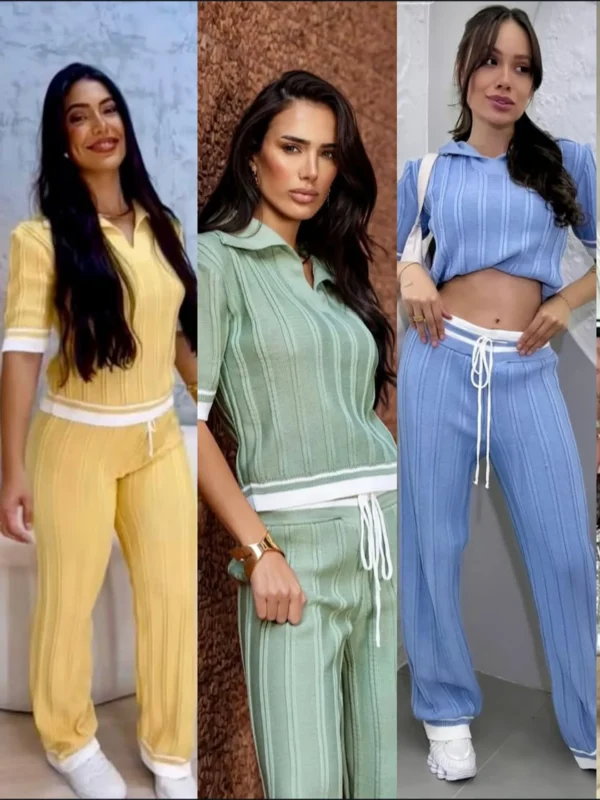 Conjunto de Calça Barra Listrada Tricot Modal