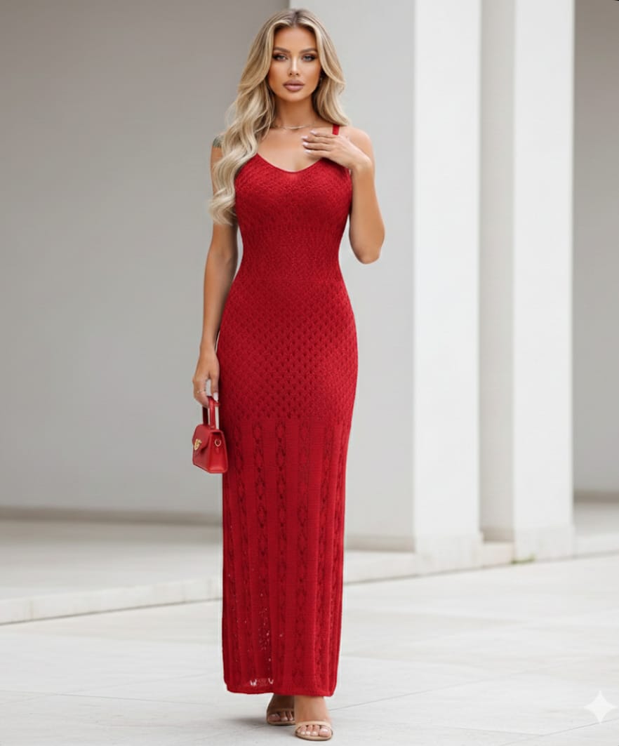 Vestido-Tricot-Longo-Alça-Vermelho-Atacado